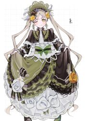  1girl black_flower black_rose blonde_hair bonnet commentary_request dress flower flower-trimmed_dress frilled_dress frilled_sleeves frills green_eyes green_shoes hair_flower hair_ornament highres jupter_mon lolita_fashion long_hair long_sleeves looking_at_viewer magical_girl mahou_shoujo_no_majo_saiban one_eye_closed rose shoes skirt_hold solo standing toono_hanna translation_request twintails very_long_hair white_flower white_rose yellow_flower yellow_rose 