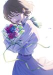  1girl absurdres bangs bouquet brown_hair closed_eyes english_commentary flower green_ribbon grey_shirt happy highres holding holding_bouquet long_sleeves mele_ck open_mouth original ribbon shirt short_hair simple_background solo white_background white_shirt 