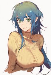  1girl alternate_costume blue_hair breasts brown_sweater closed_mouth cropped_torso green_eyes hair_down highres kisaragi_shokuin klan_klein large_breasts long_hair long_sleeves looking_at_viewer macross macross_frontier pointy_ears ribbed_sweater simple_background smile solo sweater thick_eyebrows turtleneck turtleneck_sweater white_background 