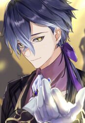  1boy black_jacket blue_hair blurry blurry_background blurry_foreground brooch butler closed_mouth collared_shirt commentary_request crossed_bangs flins_(genshin_impact) gem genshin_impact gloves gold_trim gradient_hair hair_behind_ear hair_between_eyes hair_over_shoulder hair_ribbon hands_up highres jacket jewelry long_hair long_sleeves looking_at_viewer low_ponytail male_focus multicolored_hair necktie necoco112061 open_clothes open_jacket outstretched_hand parted_bangs ponytail purple_gemstone purple_ribbon purple_shirt ribbon shirt sleeve_cuffs smile solo upper_body watermark white_gloves white_necktie wing_collar yellow_eyes 
