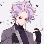  1boy :| black_gloves chinese_commentary chromatic_aberration cigarette closed_mouth earrings eyebrows_visible_through_hair eyes_visible_through_hair gloves grey_jacket gun hand_up highres holding holding_cigarette holding_gun holding_weapon jacket jewelry kino_kazumi long_sleeves male_focus multicolored_hair pink_hair purple_hair purple_sweater red_eyes saibou_shinkyoku short_hair solo spiky_hair suit_jacket sweater theodore_riddle turtleneck turtleneck_sweater two-tone_hair weapon white_background 