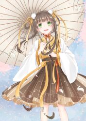 1girl absurdres animal_print blue_sky bow braid braided_hair_rings brown_hair brown_hakama brown_sash cherry_blossoms chi_xiaoyu collar commentary_request cowboy_shot day detached_collar dot_nose eyelashes falling_petals green_eyes hair_ornament hair_over_shoulder hair_rings hakama hakama_short_skirt hakama_skirt haori happy highres holding holding_umbrella jacket japanese_clothes kimono lace-trimmed_sash light_blush lolita_fashion long_hair long_sleeves looking_at_viewer mandarin_collar neck_ribbon neck_tassel nikki_(series) obi oil-paper_umbrella open_clothes open_jacket open_mouth outdoors petals pom_pom_(clothes) pom_pom_hair_ornament print_skirt print_umbrella rabbit_print red_bow red_collar red_ribbon ribbon rooibos sash shining_nikki short_hair_with_long_locks single_stripe skirt sky smile solo standing striped_bow striped_clothes striped_skirt tareme tassel teeth tree two-tone_ribbon umbrella umbrella_over_shoulder vertical-striped_clothes vertical-striped_skirt wa_lolita waist_bow white_jacket white_umbrella wide_sleeves yellow_bow yellow_kimono yellow_ribbon 