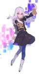  1girl bangs black_jacket black_skirt blue_legwear boots closed_mouth fes4 fire_emblem fire_emblem:_three_houses floating_hair full_body garreg_mach_monastery_uniform hair_between_eyes jacket long_hair long_sleeves looking_at_viewer lysithea_von_ordelia miniskirt pantyhose red_eyes skirt smile solo standing twitter_username very_long_hair white_background white_footwear white_hair 