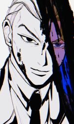  1boy black_eyes black_necktie blonde_hair blue_eyes closed_mouth collared_shirt diamond_wa_kudakenai formal_clothes highres jacket jojo_no_kimyou_na_bouken kira_yoshikage kira_yoshikage_(bites_the_dust) looking_at_viewer male_focus memetaa_kaeru necktie partially_colored portrait shirt short_hair smile solo split_theme suit white_background white_shirt 