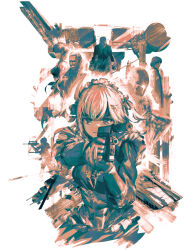  2girls 4boys advarcher aircraft assault_rifle commentary_request cosplay gray_fox_(metal_gear) gun hair_ornament hairclip hal_emmerich handgun helicopter holding holding_gun holding_weapon indie_virtual_youtuber limited_palette liquid_snake maid_headdress mecha meryl_silverburgh metal_gear_(robot) metal_gear_(series) metal_gear_rex metal_gear_solid military military_vehicle mint_fantome motor_vehicle multiple_boys multiple_girls muted_color revolver_ocelot rifle robot sepia sneaking_suit solid_snake solid_snake_(cosplay) suppressor tank virtual_youtuber weapon 