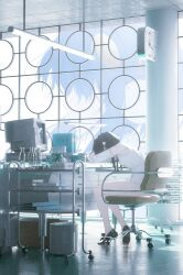  armpits black_hair bottle cart ceiling ceiling_light chair clock computer detached_sleeves fluorescent_lamp folder long_hair office_chair original reoen solo swivel_chair thighs 