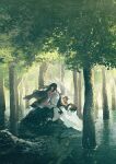  1girl angel_wings barefoot blue_eyes brown_hair closed_mouth commentary_request day dress forest full_body highres lake long_hair nature original outdoors potg_(piotegu) sitting solo tree very_long_hair white_dress wings 