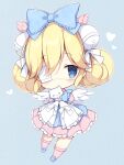  1girl animal apron bangs bell blonde_hair blue_apron blue_background blue_bow blue_eyes blue_footwear blush bow cat chibi closed_mouth commentary_request commission cutesu_(cutesuu) double_bun dress eyebrows_visible_through_hair eyepatch feathered_wings frilled_apron frilled_dress frilled_legwear frilled_sleeves frills full_body hair_bell hair_between_eyes hair_bow hair_bun hair_ornament heart izuminanase jingle_bell kneehighs layered_sleeves loafers long_sleeves medical_eyepatch original pink_dress pink_legwear pleated_dress puffy_short_sleeves puffy_sleeves shoes short_over_long_sleeves short_sleeves simple_background skeb_commission sleeves_past_fingers sleeves_past_wrists solo white_cat white_wings wings 