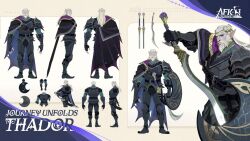  1boy afk_(series) afk_journey aqua_tunic arm_up armor armored_boots beard belt belt_buckle black_belt black_boots black_cape black_gloves black_pants blue_cape blue_eyes boots breastplate buckle cape character_name chest_belt circlet closed_mouth collared_cape colored_skin commentary copyright_name crescent earrings english_commentary facial_hair facing_away fingerless_gloves fingernails gloves gold_circlet grey_skin holding holding_shield holding_sword holding_weapon jewelry long_fingernails long_hair looking_at_viewer male_focus mature_male multiple_views mustache official_art pants pauldrons profile purple_cape reference_sheet scales serious sharp_fingernails sheath sheathed shield shoulder_armor stud_earrings sword thador_(afk) tunic two-sided_cape two-sided_fabric vambraces weapon white_facial_hair white_hair yellow_background 