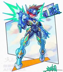  1boy blue_bodysuit blue_helmet bodysuit brown_hair energy_wings full_body geo_stelar_(mega_man) green_wings helmet henshin_pose highres male_focus mega_man_(series) mega_man_star_force_(series) oomasa_teikoku red-tinted_eyewear solo star_force_mega_man tinted_eyewear wings 