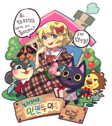  2boys 3girls :3 animal animal_crossing apple archived_source artist_name beamed_eighth_notes bf._(sogogiching) black_cat black_eyes black_fur blaire_(animal_crossing) blonde_hair blue_dress blush bow box breasts brown_dress brown_eyes brown_fur brown_pupils brown_sleeves brown_tail building butch_(animal_crossing) cat chimney closed_eyes collared_dress colored_eyelashes commentary_request copyright_name curled_tail dog dot_nose dress eighth_note elvis_(animal_crossing) fish flower food fruit gift gift_box grass grey_fur grey_tail hair_between_eyes hair_bow holding holding_animal holding_fish holding_gift holding_watering_can house kiki_(animal_crossing) korean_commentary lion lion_mane looking_at_another medium_breasts medium_dress medium_hair multiple_boys multiple_girls musical_note open_mouth pink_flower pink_petals puffy_short_sleeves puffy_sleeves purple_dress raised_eyebrow red_bow red_dress red_ribbon ribbon sailor_collar short_sleeves sidelocks signature single_hair_intake sleeve_cuffs small_pupils smoke speech_bubble squirrel striped_tail tail teeth thick_eyebrows translation_request upper_teeth_only villager_(animal_crossing) watering_can white_sailor_collar yellow_fur 