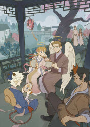  2girls 4boys all_saints_street angel angel_wings artist_request black_hair braid bridge brown_hair cherry_blossoms closed_mouth commentary_request demon_tail embroidery embroidery_hoop facial_hair falling_petals goatee_stubble grey_eyes grey_robe hair_between_eyes hair_ornament hairclip halo hat_on_back highres holding horn_ornament horn_ribbon horns house lantern lily_angel lynn_angel multiple_boys multiple_girls neil_bowman nick_holt official_art outdoors petals qixi_festival red_horns ribbon robe stubble tail traditional_halo translation_request tree twin_braids wide_sleeves wings 