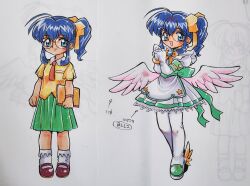  1girl back_bow blue_eyes blue_hair bobby_socks book boots bow brooch brown_shoes child closed_mouth collared_shirt commentary concept_art dual_persona elbow_gloves feathered_wings glasses gloves green_bow green_sash green_skirt hair_bow hands_up highres holding holding_book interlocked_fingers jewelry kokomahi lace-trimmed_skirt lace_trim looking_at_viewer low_wings magical_girl mary_janes multiple_views necktie open_mouth original own_hands_clasped own_hands_together pleated_skirt puffy_short_sleeves puffy_sleeves red_necktie sash school_uniform shirt shoes short_hair short_sleeves side_ponytail skirt smile socks standing thigh_boots traditional_media watch watch white_background white_boots white_gloves white_shirt white_skirt white_socks white_wings winged_boots wings yellow_bow yellow_shirt 