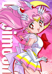  bishoujo_senshi_sailor_moon bow brooch character_name chibi_usa choker cone_hair_bun double_bun elbow_gloves gloves hair_bun hair_ornament heart heart_brooch highres jewelry long_hair looking_back pink_bow pink_hair pink_sailor_collar red_eyes riccardo_bacci sailor_chibi_moon sailor_collar sailor_senshi sailor_senshi_uniform skirt smile twintails white_gloves 