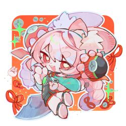 accessories animal_ear_fluff animal_ears animal_feet ashira_(siphaca) blush bright_pupils chibi claws ear_piercing from_behind furry furry_female green_shirt hair_between_eyes highres holding holding_weapon legband long_hair looking_at_viewer looking_back medallion o-ring_necktie open_mouth orange_background piercing pink_fur pink_hair rabbit_ears rabbit_girl red_eyes red_ribbon ribbon screw shirt short_eyebrows sparkle sparkling_eyes teeth thick_eyebrows twintails upper_teeth_only weapon white_background white_pupils zenless_zone_zero zhao_(zenless_zone_zero) 