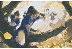  4boys animal artist_name autumn_leaves belt black_eyes black_hair blue_hanfu bracer cat child chinese_clothes chinese_commentary chu_wanning commentary_request erha_he_ta_de_bai_mao_shizun from_above hand_up hanfu highres hissing in_tree leaf looking_at_another male_focus mo_ran multiple_boys one_eye_closed outdoors pants ponytail shi_mei shouting sitting sitting_in_tree standing suto_(sakumaaritsu) sweatdrop tree violet_eyes white_cat white_hanfu white_pants xiao_guan_(headdress) xue_meng 