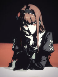  1girl absurdres arm_rest black_hairband brown_eyes brown_hair cobwvmeti hairband hand_on_own_chin head_rest highres idolmaster idolmaster_million_live! juliet_sleeves long_hair long_sleeves puffy_sleeves simple_background solo tanaka_kotoha 