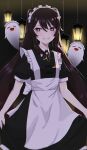  1girl absurdres apron black_background brown_hair flat_chest genshin_impact ghost hair_between_eyes highres hu_tao_(genshin_impact) lamp long_hair looking_at_viewer maid_apron marodayo_33 red_eyes simple_background star-shaped_pupils star_(symbol) symbol-shaped_pupils teeth twintails 