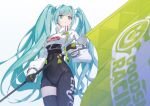  1girl absurdres arukiru black_gloves black_legwear blue_eyes blue_hair closed_mouth covered_navel eyebrows_visible_through_hair flag gloves gradient gradient_background green_gloves hatsune_miku highres holding holding_flag long_hair multicolored_clothes multicolored_gloves racing_miku racing_miku_(2022) see-through single_thighhigh skindentation solo thigh-highs twintails two-tone_gloves very_long_hair vocaloid 