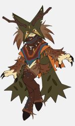  1other animal_hands antlers body_fur boots brown_boots brown_fur brown_hair brown_scarf cape capelet claws full_body furry fusion green_fur highres hooves horns looking_at_viewer mask meowscarada open_mouth orange_capelet pokemon pokemon_(creature) red_eyes sawsbuck sawsbuck_(autumn) scarf seripu short_hair short_tail simple_background solo standing tail two-tone_fur white_background 