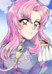  1990s_(style) 1girl black_jacket blue_eyes blue_sky breasts bulkobon buttons closed_mouth clouds curtained_hair epaulettes flower flower_on_chest hair_over_shoulder highres jacket long_hair medium_breasts ootori_gakuen_school_uniform outdoors pink_hair retro_artstyle rose school_uniform shoujo_kakumei_utena sky solo tenjou_utena upper_body white_flower white_rose 