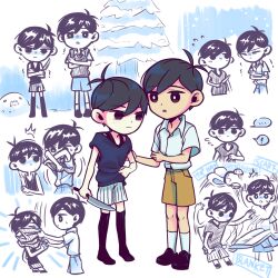  ! ... 2boys black_eyes black_hair black_shoes black_socks black_sweater_vest black_tank_top bright_pupils brown_shorts closed_eyes closed_mouth collarbone collared_shirt colored_skin double-parted_bangs dual_persona flying_sweatdrops hair_between_eyes highres holding holding_knife kneehighs knife laser-lance male_focus multiple_boys omori omori_(omori) parted_lips shirt shoes short_hair short_sleeves shorts snow snow_pile_(omori) snowing socks speech_bubble spoken_ellipsis spoken_exclamation_mark striped_clothes striped_shorts sunny_(omori) sweater_vest tank_top trembling undressing vertical-striped_clothes vertical-striped_shorts white_pupils white_shirt white_shorts white_skin white_socks 