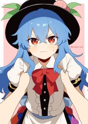  1girl 1other absurdres apron armpit_carry black_hat blue_hair blue_skirt blush bow bowtie carrying carrying_person center_frills closed_mouth collared_shirt commentary_request frills hat hat_ornament highres hinanawi_tenshi kapuri_(capuriwa) leaf_hat_ornament long_hair looking_at_viewer peach_hat_ornament pov pov_hands puffy_short_sleeves puffy_sleeves red_bow red_bowtie red_eyes shirt short_sleeves skirt sweatdrop touhou twitter_username very_long_hair waist_apron white_apron white_shirt 