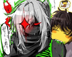  1other 1x1x1x1_(roblox) 2boys androgynous annoyed biting biting_shoulder black_neckerchief black_skin blood brown_hair c00lkidd_(roblox) colored_skin forsaken_(roblox) glowing glowing_eye green_blood hat highres holding holding_unworn_clothes holding_unworn_hat multiple_boys neckerchief red_eyes shedletsky_(roblox) shirt short_hair speech_bubble thought_bubble uking_776 unworn_hat unworn_headwear white_hair white_shirt yellow_skin 