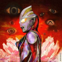  1boy alien armor artist_name bloodshot_eyes blue_eyes breastplate color_timer colored_skin commentary compound_eyes dorsal_fin extra_eyes from_side gan-q glowing glowing_eyes gold_trim gradient_background gradient_eyes hashtag-only_commentary highres looking_ahead male_focus multicolored_eyes multicolored_skin no_pupils obakelope0530 pectorals red_background red_skin red_theme romaji_text silver_skin solo tokusatsu toned toned_male two-tone_skin ultra_series ultraman_gaia ultraman_gaia_(series) upper_body white_eyes wrinkled_skin yellow_eyes 