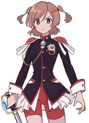 1girl aijou_karen arms_at_sides black_jacket bright_pupils brown_eyes brown_hair buttons commentary_request cosplay crown_hair_ornament flower frilled_jacket frills hair_ornament hairclip highres holding holding_sword holding_weapon hosikuzu125 jacket long_sleeves looking_at_viewer ootori_gakuen_school_uniform parted_lips red_shorts rose school_uniform short_hair shorts shoujo_kageki_revue_starlight shoujo_kakumei_utena simple_background solo standing sword tenjou_utena tenjou_utena_(cosplay) twintails two_side_up v-shaped_eyebrows weapon white_background white_flower white_pupils white_rose