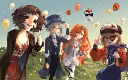  4girls :d apple apple_(reverse:1999) ascot backpack bag black_bow black_bowtie black_coat black_hair black_pants black_vest blue_bow blue_dress blue_neckerchief blue_sky boater_hat bow bowtie brown_hair checkered_hairband coat collared_dress collared_shirt cytise dress feather_dress feather_hair_ornament feathers feet_out_of_frame food fruit grass grey_eyes grey_hair hair_bun hair_ornament hairband hand_on_headwear hand_up hat hat_bow high_collar holding_strap index_finger_raised jacket jewelry long_hair looking_at_viewer multiple_girls neckerchief necklace newsboy_cap open_clothes open_coat open_mouth outdoors pants pants_under_dress polka_dot_neckerchief red_dress red_eyes red_feathers red_jacket regulus_(reverse:1999) reverse:1999 schneider_(reverse:1999) shirt short_dress short_hair single_side_bun sky smile sonetto_(reverse:1999) sunglasses too_many_balloons traditional_bowtie two_side_up upper_body vertin_(reverse:1999) vest w waistcoat white_ascot white_hairband white_pants white_shirt 