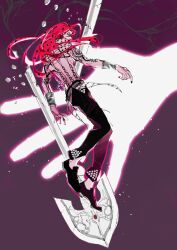  1boy black_nails black_pants black_shoes commentary diavolo floating_hair full_body highres jojo_no_kimyou_na_bouken long_hair looking_back male_focus pants pink_hair purple_background shoes solo symbol-only_commentary ttongyyu vento_aureo 