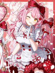  1girl ;d arknights blush bow choker commentary_request cowboy_shot dress drop_shadow finger_to_cheek frilled_bow frilled_dress frills gloves goldenglow_(arknights) goldenglow_(party_in_the_garden)_(arknights) hair_bow hair_ornament heart heart_hair_ornament heart_of_string holding looking_at_viewer official_alternate_costume one_eye_closed open_mouth paid_reward_available partial_commentary pink_tail plaid_bow puffy_short_sleeves puffy_sleeves red_bow shironekoban short_sleeves smile solo standing tail tail_bow tail_ornament tail_raised twitter_username watermark white_choker white_dress white_gloves yellow_eyes 