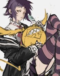  1girl black_coat black_order_uniform candy coat coat_partially_removed creature cross cross_in_eye d.gray-man dress_shirt facial_mark food forehead_mark golem_(d.gray-man) grey_background highres holding holding_candy holding_creature holding_food holding_lollipop lollipop looking_at_viewer messy_hair miniskirt noah_(d.gray-man) parted_lips pink_thighhighs pleated_skirt purple_hair purple_skirt purple_thighhighs red_ribbon ribbon road_kamelot shachi_ark sharp_teeth shirt short_hair sidelocks simple_background sitting skirt solo spiky_hair striped_coat tail teeth thigh-highs thighs timcanpy two-tone_thighhighs unfinished vertical-striped_coat white_shirt wings yellow_eyes 