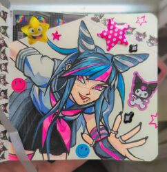  1girl black_hair black_sailor_collar black_skirt blue_hair blue_streaks collared_shirt danganronpa_(series) danganronpa_2:_goodbye_despair ear_piercing face_piercing fingerless_gloves fingernails gloves hair_horns highres jewelry kpiva kuromi long_hair mioda_ibuki mouth_piercing multicolored_hair multiple_rings neckerchief open_mouth photo_(medium) piercing pink_eyes pink_hair pink_neckerchief pink_streaks ring sailor_collar sanrio school_uniform serafuku shirt short_sleeves skirt smile smiley_face star_(symbol) sticker streaked_hair striped_clothes striped_gloves teeth traditional_media two-tone_gloves upper_teeth_only v-shaped_eyebrows white_hair white_shirt 