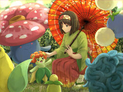  1girl :d bellossom black_eyes black_hair blush day erika_(pokemon) grass hairband hakama itsudzumi japanese_clothes jumpluff kimono medium_hair oil-paper_umbrella outdoors pokemon pokemon_(creature) red_eyes red_hairband red_hakama sandals smile smoliv socks squatting tangela umbrella vileplume weepinbell white_socks 