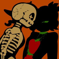  2girls blood blood_on_chest boffix breasts colored_sclera cracked_skull disembodied_head eyed_silhouette fang frye_(splatoon) green_blood green_pupils green_sclera heart highres inkling leaning_forward looking_at_another multiple_girls octoling orange_background pointy_ears severed_torso shiver_(splatoon) silhouette skeleton splatoon_(series) splatoon_3 star_(symbol) symbolism upper_body x-ray 