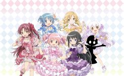  6+girls akemi_homura ankle_ribbon argyle_background artist_request bare_legs bib_collar black_hair blonde_hair blue_bow blue_bowtie blue_choker blue_dress blue_eyes blue_hair blue_wrist_cuffs bow bow_skirt bowtie braid brooch brown_eyes child choker closed_mouth collar collarbone collared_shirt colorful_background corset criss-cross_straps cropped_shirt detached_sleeves dot_nose double-parted_bangs dress drill_hair flats frilled_choker frilled_shirt frilled_shirt_collar frilled_skirt frilled_sleeves frilled_socks frilled_thigh_strap frilled_wrist_cuffs frills game_cg hair_between_eyes hair_bow hand_in_own_hair hand_on_own_head hand_on_own_hip happy highres jewelry jitome kaname_madoka kneehighs knees leg_ribbon light_blush long_hair looking_at_viewer mahou_shoujo_madoka_magica mahou_shoujo_madoka_magica_magia_exedra midriff miki_sayaka miniskirt momoe_nagisa multicolored_bow multiple_girls namae_(magia_exedra) off-shoulder_dress off_shoulder official_alternate_costume official_art one_side_up open_mouth outstretched_arms pink_bow pink_bowtie pink_eyes pink_hair pink_shirt pink_skirt puffy_short_sleeves puffy_sleeves purple_bow purple_bowtie purple_corset purple_shoes purple_sleeves red_bow red_bowtie red_choker red_dress red_eyes red_hair red_ribbon ribbon ring sakura_kyoko shirt shoes short_dress short_hair short_sleeves short_twintails shoulder_bow single_braid skirt skirt_set sleeveless sleeveless_dress smile socks square_neckline tareme thigh_strap tomoe_mami train_(clothing) tsurime twin_drills twintails two_side_up v very_long_hair violet_eyes wavy_hair white_collar white_dress white_hair white_sleeves white_socks white_wrist_cuffs wrist_cuffs wrist_ribbon yellow_bow yellow_choker yellow_dress yellow_eyes yellow_sleeves yellow_wrist_cuffs 