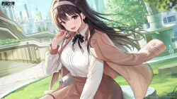  1girl absurdres artist_request bag black_ribbon blue_sky breasts brown_coat brown_eyes brown_hair brown_skirt building bush chinese_commentary city coat collared_shirt commentary_request day diesel_(nikke) diesel_(strawberry_flower)_(nikke) earrings fountain goddess_of_victory:_nikke handbag highres jewelry large_breasts long_hair long_sleeves looking_at_viewer official_art open_mouth outdoors park ribbon second-party_source shirt shirt_tucked_in sitting skirt sky skyscraper smile solo stairs teeth tongue tree upper_teeth_only white_bag white_shirt 
