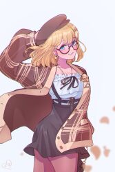  1girl absurdres arm_up bag black-framed_eyewear black_skirt blonde_hair blue_eyes blush bob_cut brown_pantyhose chromatic_aberration coat collarbone cowboy_shot earrings falling_leaves fashion french_girly frilled_shirt frills glasses hand_on_own_head handbag heart heart_earrings highres hololive hololive_english jewelry key key_necklace kokomi_(aniesuakkaman) leaf looking_at_viewer magnifying_glass necklace off-shoulder_shirt off_shoulder official_alternate_costume official_alternate_hairstyle open_mouth pantyhose plaid_clothes plaid_coat semi-rimless_eyewear shirt short_hair skirt smile solo twisted_torso under-rim_eyewear virtual_youtuber watson_amelia watson_amelia_(street_casual) white_shirt zipper_skirt 