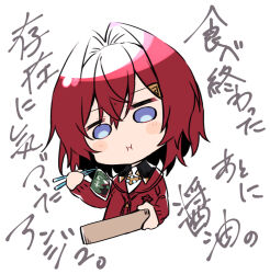  1girl ange_katrina ange_katrina_(1st_costume) blue_eyes chibi chopsticks closed_mouth eating hair_ornament hairpin holding holding_bento holding_chopsticks jacket looking_at_viewer nijisanji red_hair red_jacket shigure_(sigre) shirt short_hair solo virtual_youtuber white_background white_shirt 