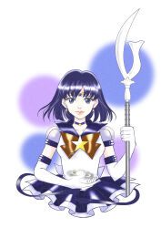  1girl absurdres bishoujo_senshi_sailor_moon black_hair blunt_ends bow brooch choker circlet earrings elbow_gloves gloves highres jewelry magical_girl purple_sailor_collar red_bow sailor_collar sailor_saturn sailor_senshi_uniform short_hair silence_glaive solo star_(symbol) star_brooch star_choker super_sailor_saturn_(stars) tomoe_hotaru violet_eyes wheather white_gloves 
