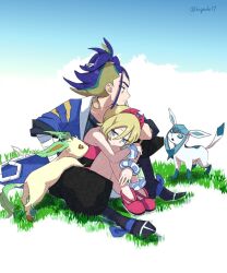  1boy 1girl adaman_(pokemon) blonde_hair blue_coat blue_eyes blue_hair coat full_body glaceon highres irida_(pokemon) kogashi17 leafeon multicolored_hair on_grass pokemon pokemon_(creature) pokemon_legends:_arceus red_shoes shoes sitting twitter_username two-tone_hair 