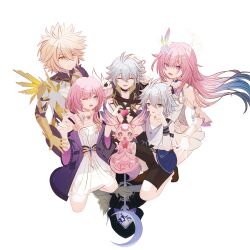  2girls 4boys ;) absurdres ahoge aqua_hair bare_shoulders black_hood blonde_hair breasts ceremonial_blade_(honkai:_star_rail) chinese_commentary coat commentary_request cyrene_(aedes_elysiae)_(honkai:_star_rail) cyrene_(honkai:_star_rail) cyrene_(ripples_of_past_reverie)_(honkai:_star_rail) diamond-shaped_pupils diamond_(shape) dress dual_persona flame_reaver_of_the_deepest_dark flower gradient_hair grey_shirt hair_flower hair_ornament highres honkai:_star_rail honkai_(series) jewelry long_hair mem_(honkai:_star_rail) multicolored_hair multiple_boys multiple_girls multiple_persona necklace one_eye_closed phainon_(a_dream_scented_in_wheat)_(honkai:_star_rail) phainon_(honkai:_star_rail) phainon_(khaslana)_(honkai:_star_rail) pink_hair shirt short_hair simple_background small_breasts smile symbol-shaped_pupils two-tone_hair very_long_hair violet_eyes weiming92628 white_background white_coat white_dress white_hair yellow_eyes 