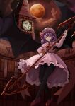  1girl absurdres bat bat_wings black_legwear floating frills full_body full_moon hat highres holding long_sleeves looking_at_viewer maou_(pixiv55083682) mary_janes moon night night_sky pantyhose puffy_sleeves purple_hair red_eyes red_footwear red_moon remilia_scarlet scarlet_devil_mansion shoes short_hair skirt sky solo spear_the_gungnir touhou wings 