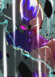  1boy colored_skin cooler_(dragon_ball) debris dragon_ball dragon_ball_z grey_background highres male_focus powering_up purple_skin solo stktik09060906 transformation upper_body violet_eyes 