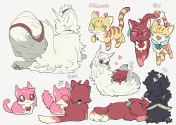  1boy 4girls :3 animal animal_ears animal_focus animalization antennae ayase_momo ayase_seiko black_choker black_fur book bow bowtie brown_fur cat cat_ears cat_tail choker dandadan earrings english_commentary fangs from_behind glasses grandmother_and_granddaughter green_bow green_bowtie green_eyes grey_background highres intertwined_tails jewelry kai_(huikuai2) looking_at_another lying lying_on_another multiple_girls multiple_views no_humans on_stomach pink_fur red_bow red_bowtie red_eyes shiratori_aira_(dandadan) simple_background sleeping star_(symbol) star_in_eye symbol_in_eye tail takakura_ken_(dandadan) vamola_(dandadan) white_fur yellow_fur zzz 