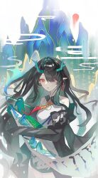  1girl arknights bare_shoulders black_coat black_hair calligraphy_brush chinese_commentary coat colored_extremities commentary_request cowboy_shot dragon_girl dragon_horns dress dusk_(arknights) earrings hair_between_eyes hair_over_one_eye highres holding holding_calligraphy_brush holding_paintbrush horns jewelry jiu_yi_wu long_hair looking_at_viewer magic necktie off_shoulder paintbrush parted_lips pointy_ears red_eyes red_necktie scroll sleeveless sleeveless_dress solo standing white_dress 