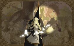  2boys 6+girls absurdres arm_strap arm_up armor armored_leotard artoria_caster_(fate) artoria_caster_(first_ascension)_(fate) artoria_pendragon_(fate) aurora_(fate) avalon_le_fae_(fate/grand_order) baobhan_sith_(fate) baobhan_sith_(first_ascension)_(fate) bare_shoulders barghest_(fate) barghest_(first_ascension)_(fate) bird black_gloves black_leotard black_pantyhose blonde_hair border butterfly_wings closed_eyes closed_mouth cnoc_na_riabh_(fate) commentary crown cu_chulainn_(caster)_(fate) cu_chulainn_(fate) dress elbow_gloves fate/grand_order fate_(series) fujimaru_ritsuka_(female) gloves glowing_bird green_eyes grey_gloves grey_hat habetrot_(fate) hair_between_eyes hair_over_one_eye hat highres holding holding_weapon hood hood_up hope_(fate) horns insect_wings leonardo_da_vinci_(fate) leonardo_da_vinci_(rider)_(fate) leonardo_da_vinci_(rider)_(first_ascension)_(fate) leotard long_hair looking_at_viewer lord_camelot_(fate) mash_kyrielight mash_kyrielight_(demi-servant) medb_(fate) melusine_(fate) melusine_(first_ascension)_(fate) morgan_le_fay_(fate) morgan_le_fay_(queen_of_winter)_(fate) multiple_boys multiple_girls oberon_(fate) open_mouth ornate_border pantyhose parted_lips pink_hair ponytail shield shirt short_hair skirt sleeveless sleeveless_shirt spot_color spotlight staff stole tapestry tiara twintails user_xjfw5848 violet_eyes weapon white_dress white_shirt white_skirt wings 