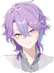  1boy bloom_festival_(project_sekai) blue_hair closed_mouth ear_piercing hair_between_eyes high_collar highres j_goux99 kamishiro_rui looking_at_viewer male_focus medium_hair multicolored_hair official_alternate_costume official_alternate_hair_length official_alternate_hairstyle piercing portrait project_sekai purple_hair simple_background solo streaked_hair twitter_username two-tone_hair white_background yellow_eyes 